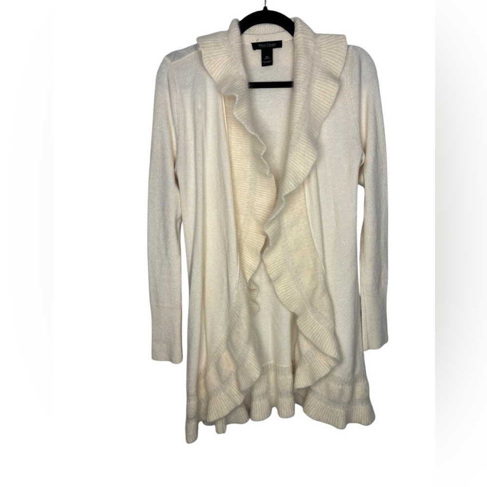 White House Black Market Ruffle Wool Rabbit Hair Long Open Cardigan Sweater XS